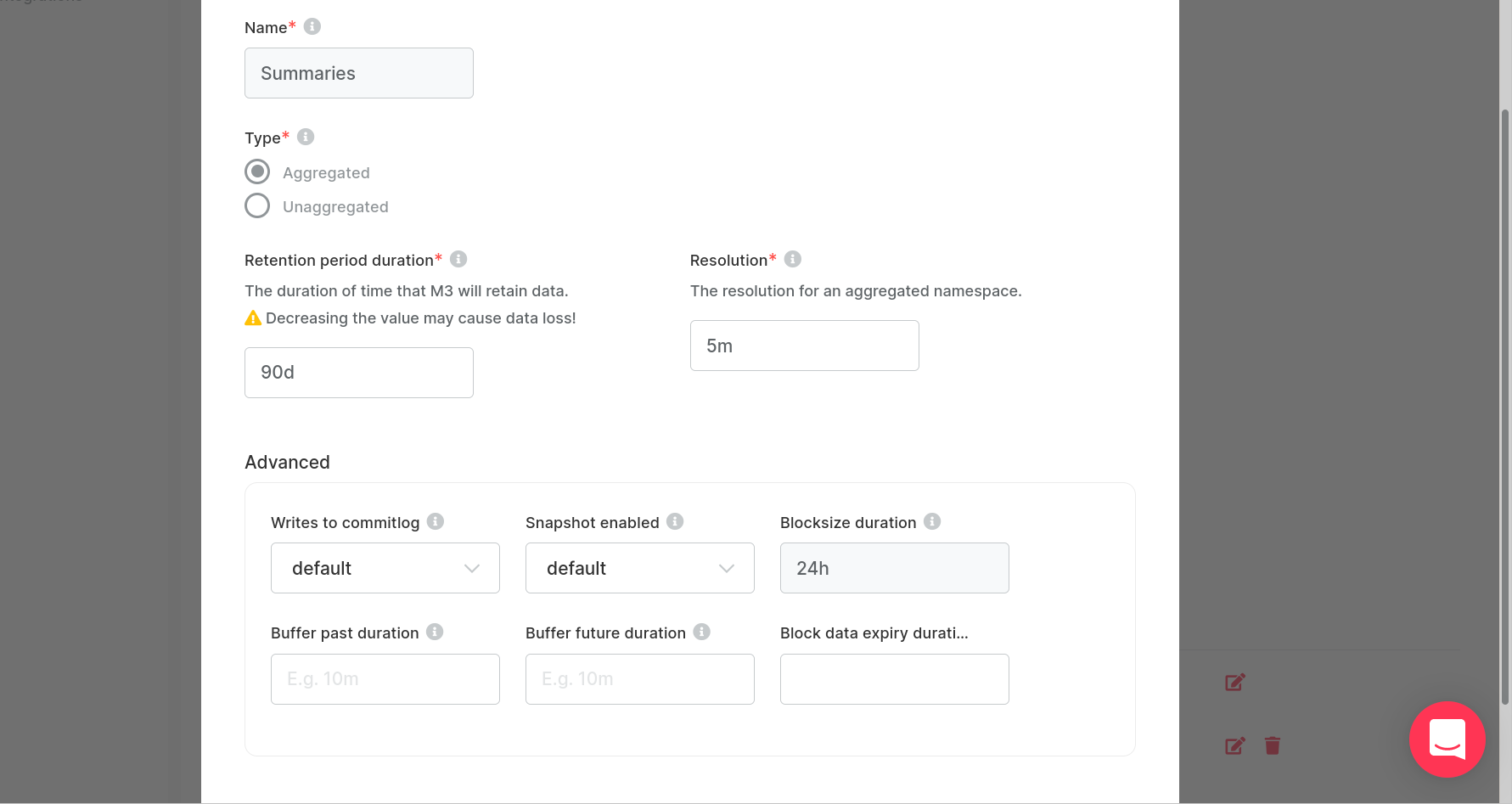 Namespace configuration screenshot, showing the namespace name, retention and resolution fields