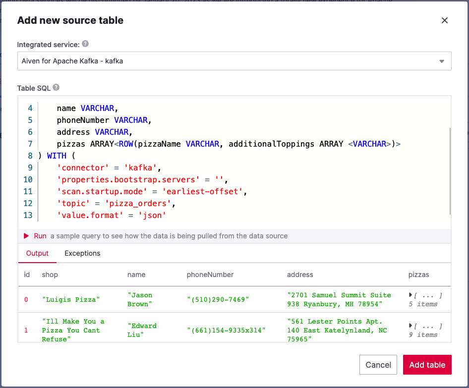 Image of the SQL editor in the Aiven for Apache Flink® data table view