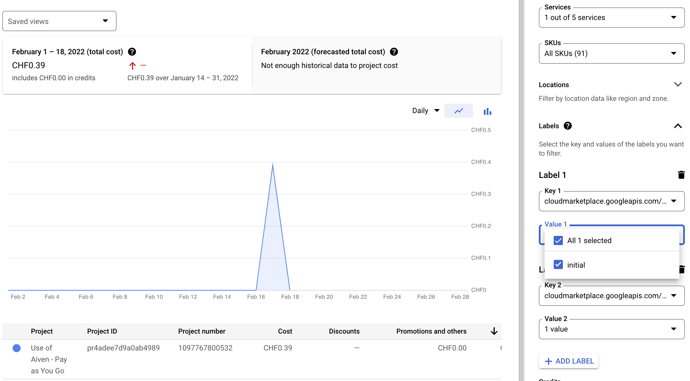 Sample view of Google cloud billing page