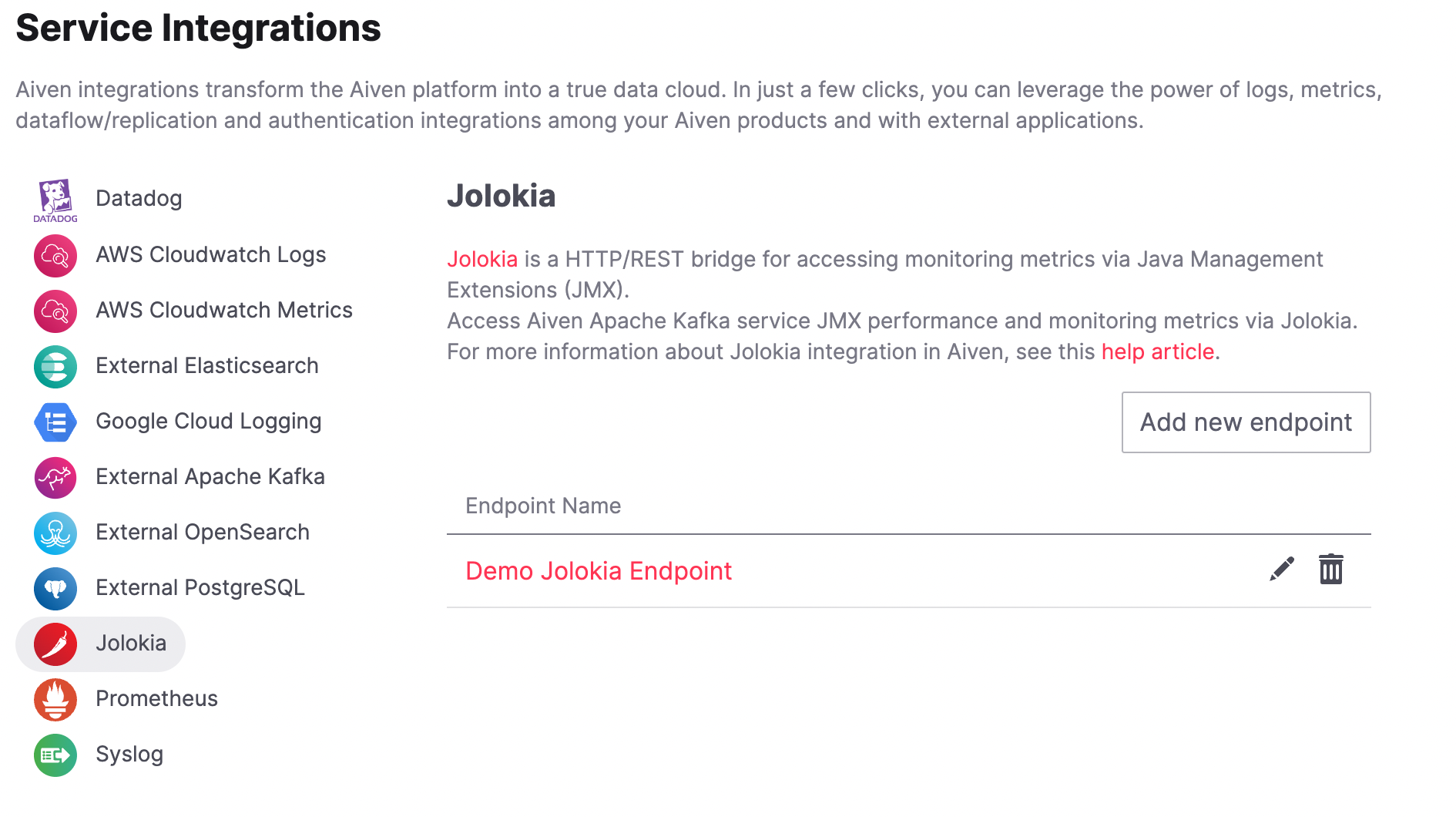 Jolokia service integration endpoint