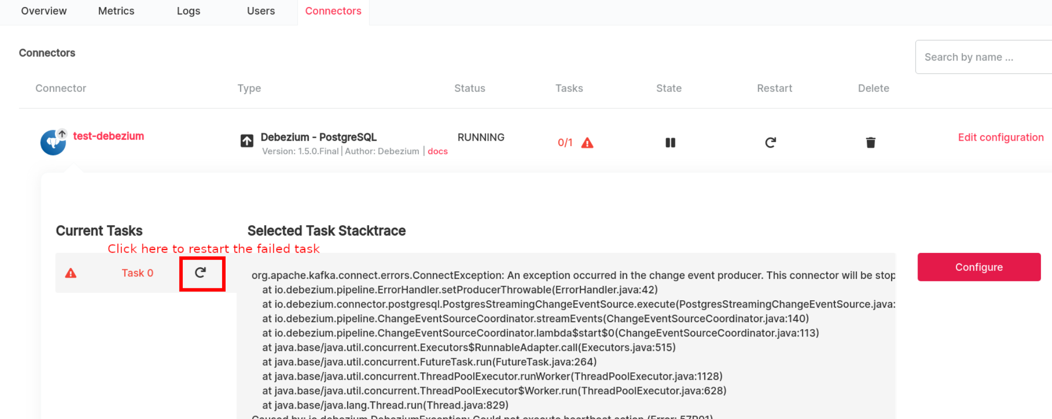 The Aiven Console page showing the Debezium connector error